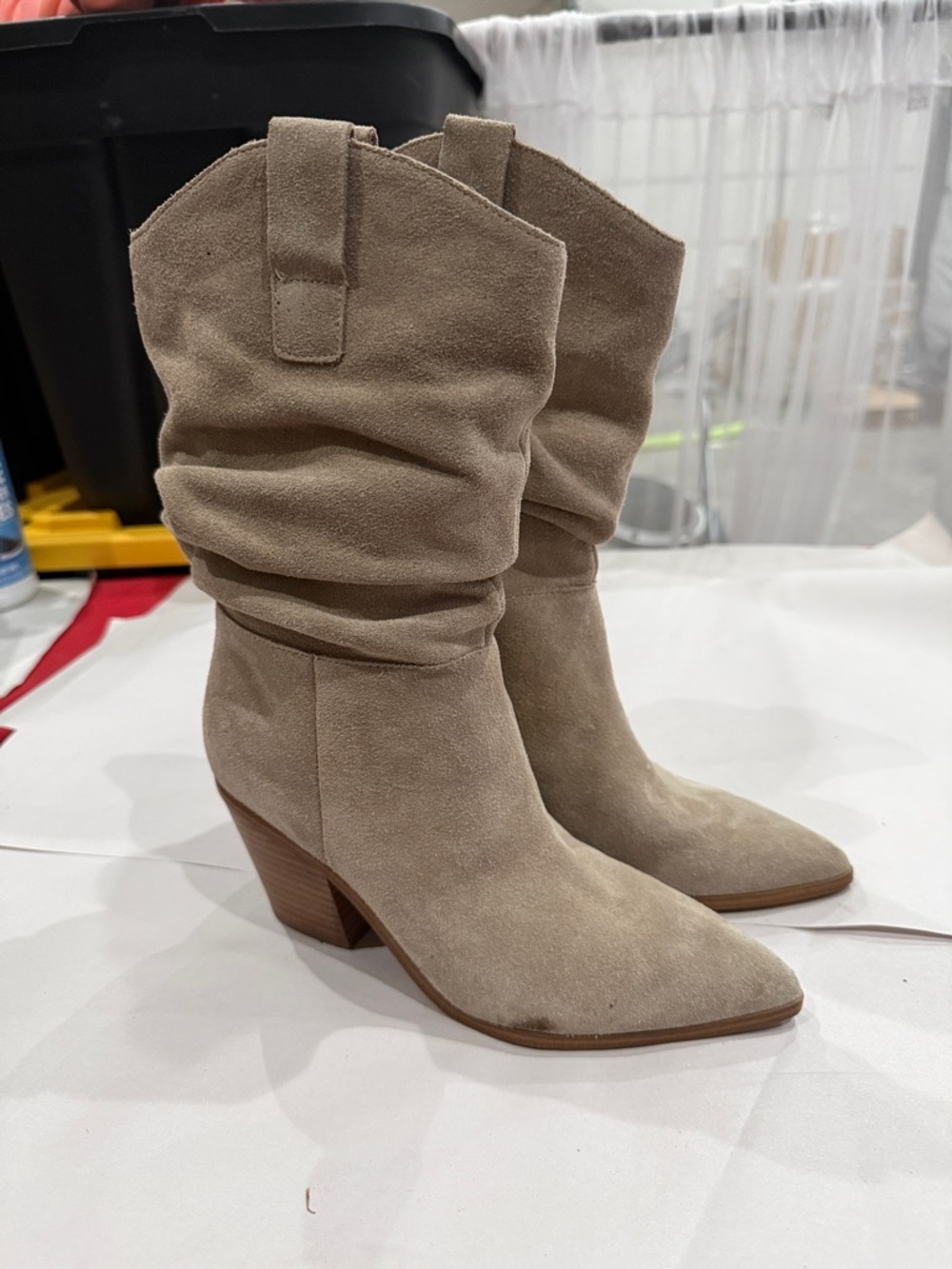 Nine West Taupe Suede Slouch Western Boot
